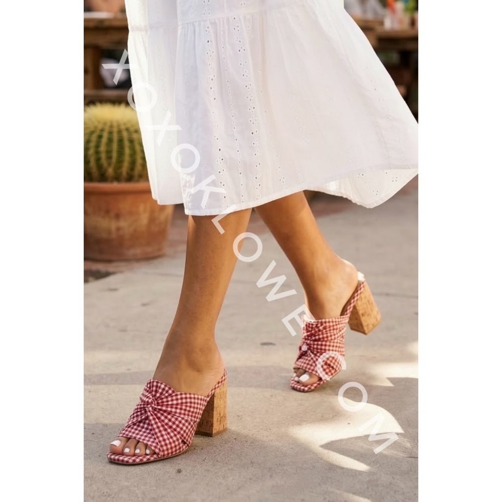 QUPID Red Gingham Knotted Mule Sandals | Checkered Block Heel Slip On Shoes - Picture 6 of 10